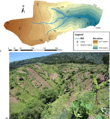 Figure 1. (a) Topographic map of the Gumuk bassin and (b) photo taken from the south-east corner looking west.