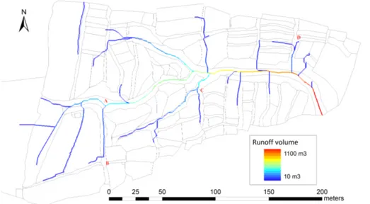Figure 7. Spatial distribution of runo ff volume over 10 m 3 simulated by the STREAM model for the strongest rainfall event (64 millimeters in 70 min).