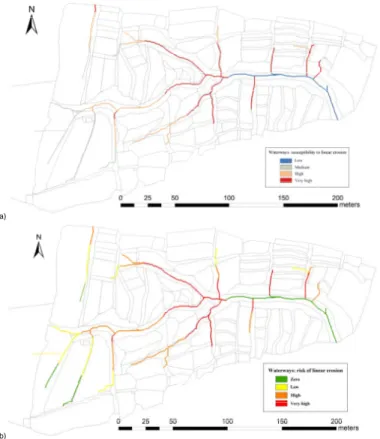 Figure 9. Susceptibility of waterways to linear erosion (a) and risk (b) maps.