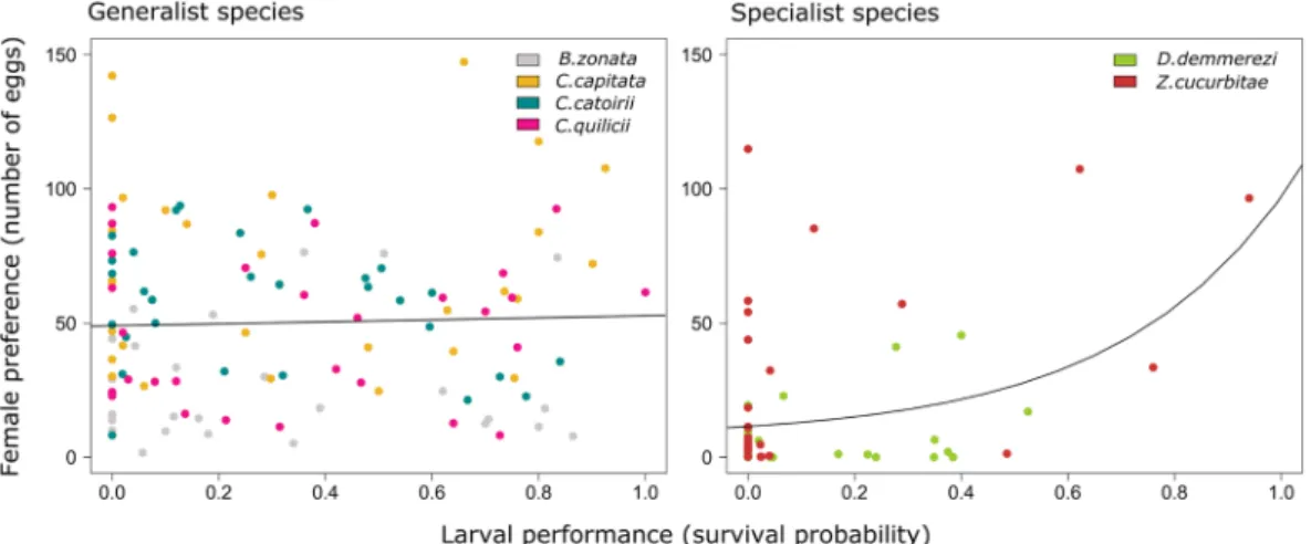 Figure 3.  Relationship between adult preference and larval performance for generalist and specialist species