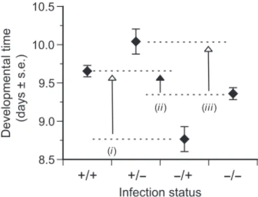 Figure 3 Developmental time (age at pupation) of individuals as a function of their own status (first symbol) and of the infection status of their competitor (second symbol)