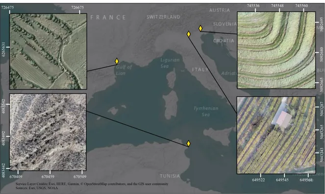 Figure 3 – Location of the four test sites of this study: Roujan, France (top-left); Kamech, Tunisia (bottom-left); Treviso, Italy (top-(top-154 