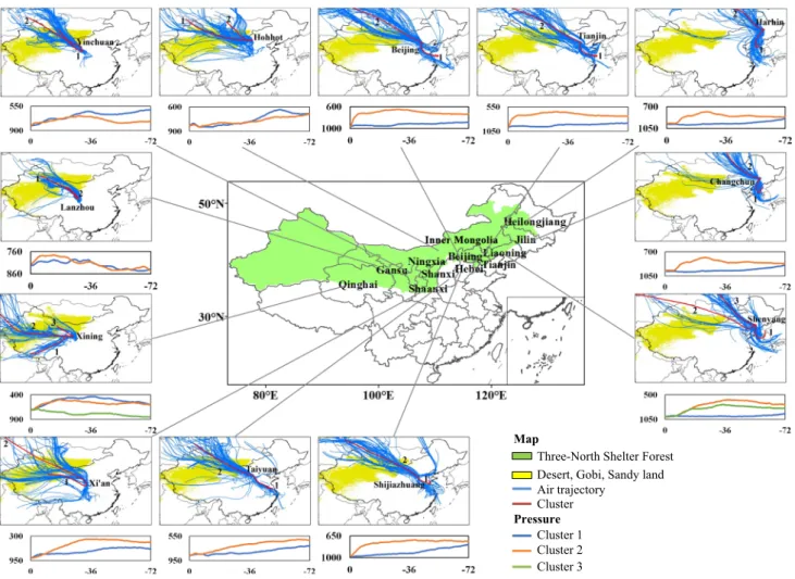 Fig. 2    72  h air mass backward trajectories at 12 cities from May 2  to 7, 2017. The locations of the 12 cities are displayed in the  mid-dle map