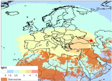 Figure 1. Location of Elbrus (red star) and dust sources (orange polygons) based on Ginoux et al