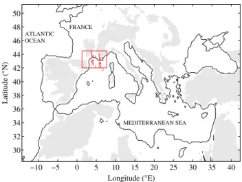 Fig. 1    Simulation domain of the HyMeX/MED-CORDEX regional  climate simulations with the shaded area indicating a topography  higher than 500 m