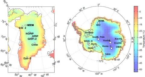 Figure 3. Maps of Greenland and Antarctica showing field sites and mean annual temperature from ERA-Interim (Dee et al., 2011).