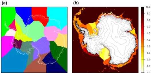 Figure 3. Antarctic ice shelf sectors (a) and associated prescribed present-day sub-shelf basal melting rates in m yr −1 (b)