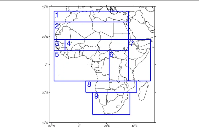 Figure 1. Regional analyses are performed on the nine climatic regions adapted from [ 30 ] : 1