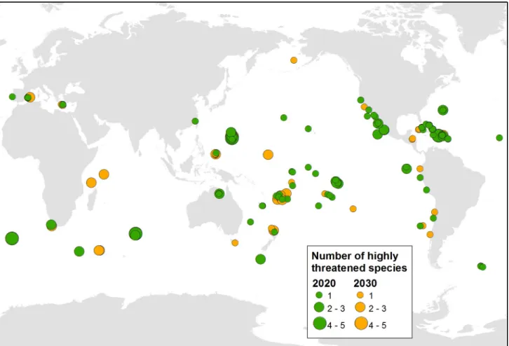 Fig 1. The location of the 169 highest-ranked islands where eradication of invasive mammals could feasibly be initiated by 2020 or 2030 to benefit highly threatened vertebrates.