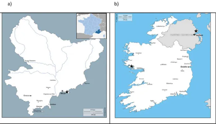 Fig. 1. Maps showing the sampling sites (indicated with black stars) located a) in the French Mediterranean coast (http://d-maps.com/carte.php?num_car=110470&amp;