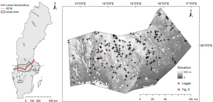 Fig. 1. Left: study area in a geographical context. Right: study area with underlying digital elevation model (lakes and rivers in white) and 203 sampling sites equipped with iButton loggers having recorded three-hourly temperature at ground level from Jun