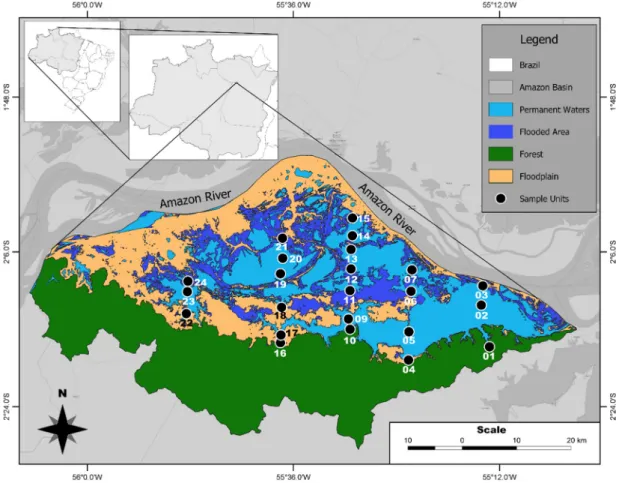 Figure 1. Map of study area, Curuai floodplain basin, with lakes sites of sampling units, flooded area  and permanent waters over hydrological periods