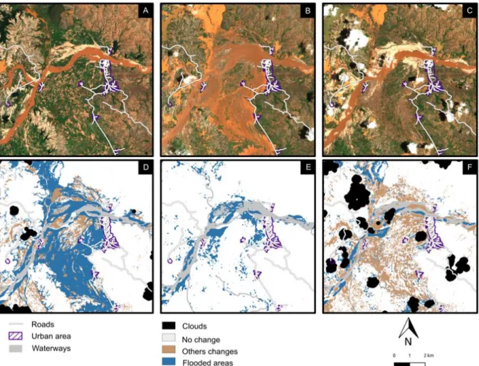 Figure 4. AVA cyclone impacts in Miandrivazo region in January 2018. Sentinel-2 imagery from (A) 2017/12/25, (B)  2018/01/09, (C) 2018/01/19; (D) CVA results from 2018/01/09; (E) NDR result from 2018/01/17; (F) CVA result from 