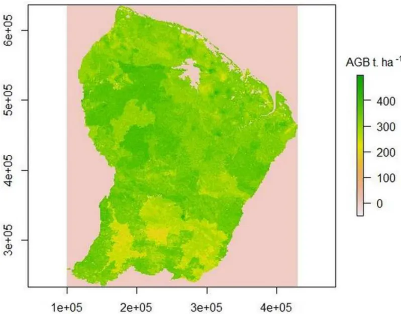 Fig 7. Map of AGB (Mg.ha -1 ) in French Guiana based on the complete model (KR). Local darker or paler areas correspond to spatial error terms that can be modelled only within a short distance of the calibration plots and are null over most of the area.