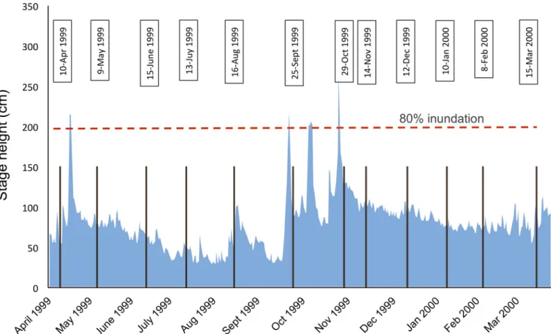 Fig 2. Hydrograph of the study period. Plot of the hydrograph showing stage height (cm) from April 1999 to March 2000, measured at the S