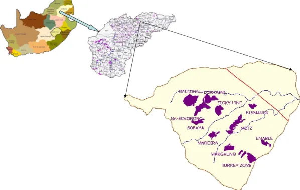 Figure  1.  Location  of  the  B72A  quaternary  catchment  (showing  village  names)  in  the  Olifants  River  Basin, South Africa
