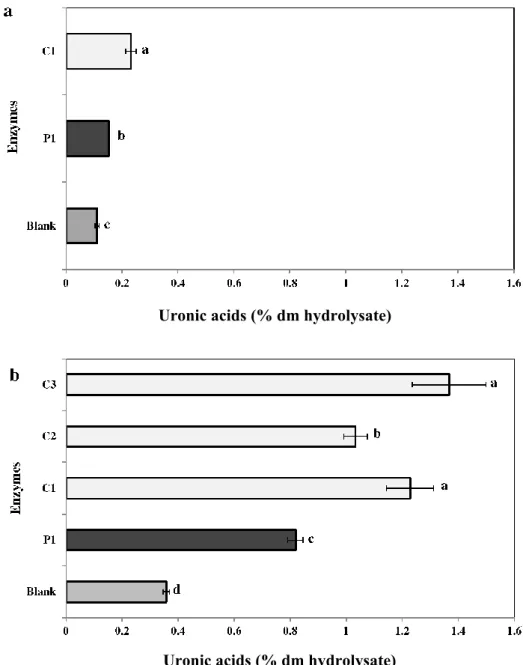 Figure  4.  Uronic  acids  in  enzymatic  hydrolysates  of  (a)  Codium  fragile  (CF)  and   (b)  Chondrus  crispus  (CC)