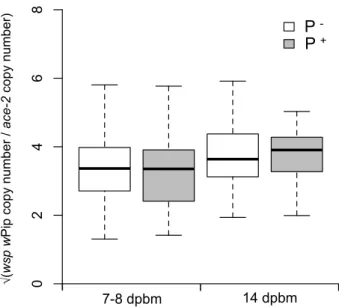 Figure  3.  Boxplot  of  the  Wolbachia  density  in  w SL   females  according  to  the  Plasmodium  infection status at 7-8 days (oocysts) and 14 days (sporozoites) post blood meal