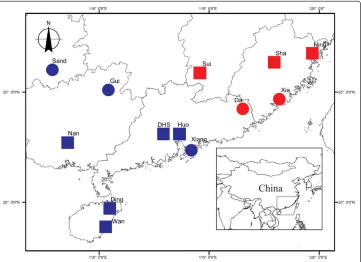 Fig. 2 Sampling sites. North-East: red; South-West: blue. All the sites were included in the microsatellite genetic analyses, 8 for fig morphology, for wasp ovipositor length and for wasp COI sequencing