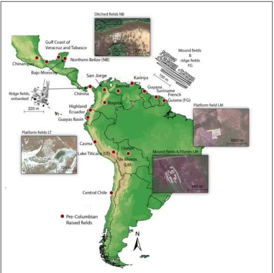 Figure 1. Map showing distribution of vestiges of pre-Columbian raised fields (RF) in South America and Central America, adapted from Denevan [13] and adding cases discovered since 1970 in Chile [17]