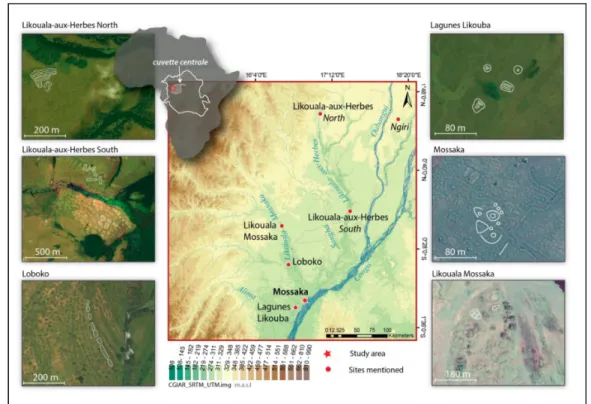 Figure 2. Diversity of raised fields (RF) in the cuvette centrale of the Congo Basin. Digital Elevation Model of the study area, indicating sites with RF (red dots), DEM data: CGIAR-CSI SRTM90m Database