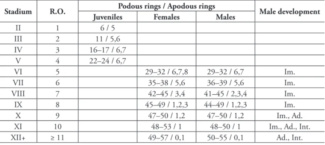 Table 1. Growth and development of O. sabulosus in Provence. The number of rows of ocelli (R.O.), the  range of podous rings (collum included) and the numbers of apodous rings (telson excluded) are given for  each stadium