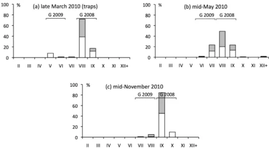 Figure 2.  Phenology of O. sabulosus in Provence (March 2010–November 2010). See explanations in  the legend to Fig