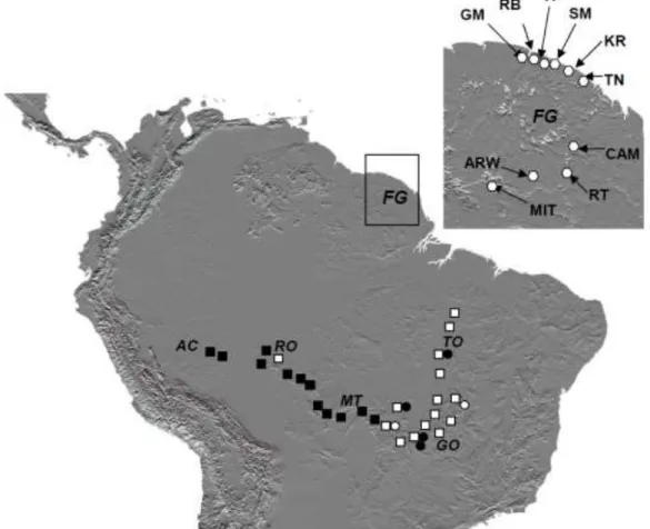 Figure  1:  Populations  of  the  wild  relative  of  cassava  sampled  in  the  Guianas  (hexagons),  and  populations  of  M