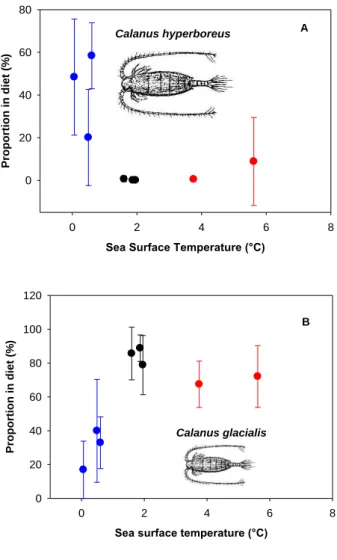 Fig. 2. Little auks feed preferentially on large copepods (Calanus hyperboreus, 7-8 mm long)  in cold water (Fig
