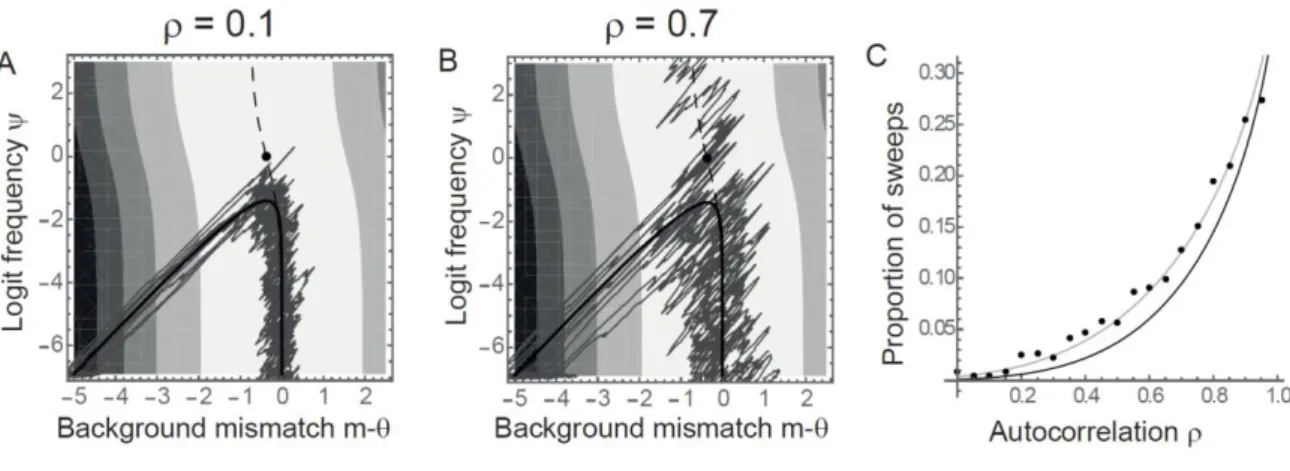 Figure 4: Environmental autocorrelation and probability of a full sweep. The bistability of genetic 911 