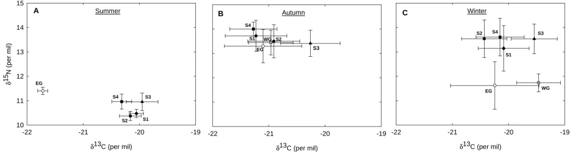 Fig. 4. Stable carbon and nitrogen isotope values of adult little auk samples from each colony and during the different seasons