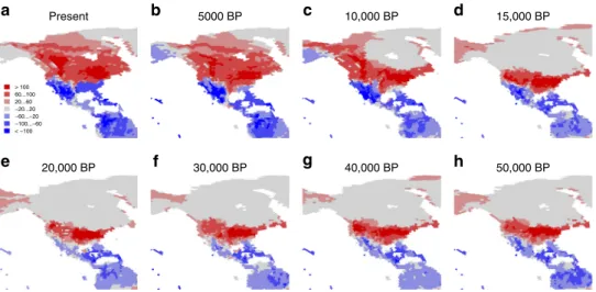 Fig. 4 Fifty-thousand years of predicted seasonal difference in richness due to migration, across the northern Western Hemisphere
