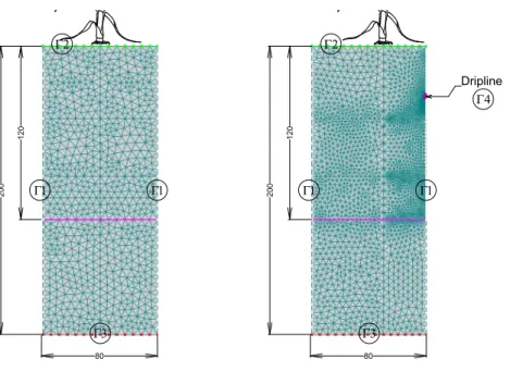 Figure 4: The geometry and boundary conditions (BC’s) imposed to the soil domains with dimensions given in cm