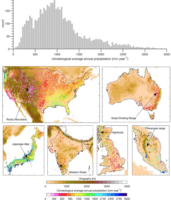 Fig. 1. Top) Number of hourly records as a function of the climatological average annual precipitation (AAP) across all regions investigated in this study