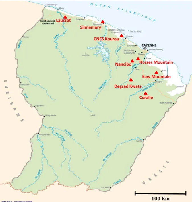 Fig 1. Distribution of sampling areas in French Guiana. Exact sampling sites are indicated by a triangle.