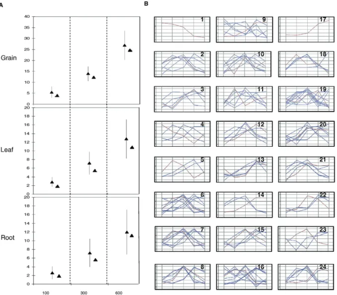 Figure 2. Co-regulation pattern of 32 trancription factors. (A) The average number (SD) of genes that are expressed in the same tissues for the 32 transcription factors in a physical window of 100, 300 and 600 genes are schematically represented for the gr