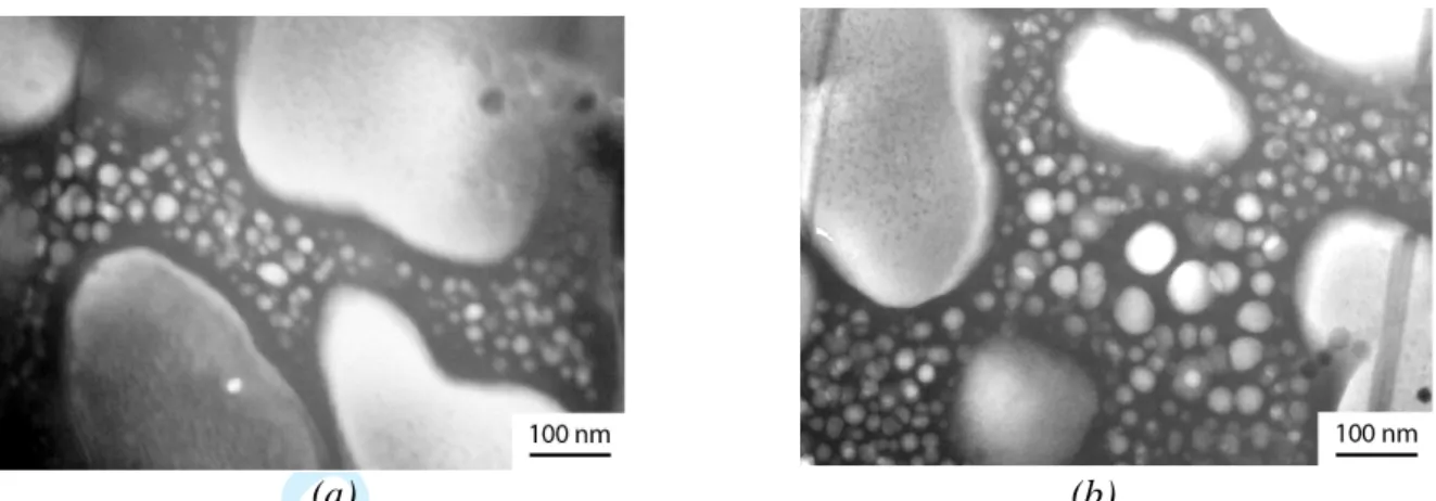 Figure  2.  Dark  field  TEM  images  of  the  microstructure  corresponding  to  the  standard  heat  treatment for two different foil thicknesses a) 28 and b) 54 nm