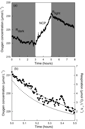Fig. 1. (a) Oxygen time course during incubation of water from the Southwest lagoon of New Caledonia