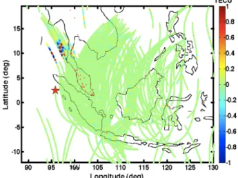 Figure 2. Total electron content (TEC) perturbation appearing 15 min after the earthquake in Sumatra (26 December 2004)