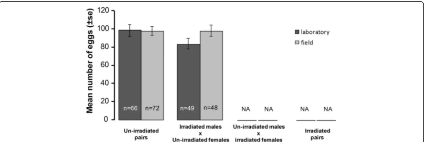 Fig. 4 Effects of mosquito strain and male irradiation on un-irradiated female oviposition behavior: a oviposition rate (i.e