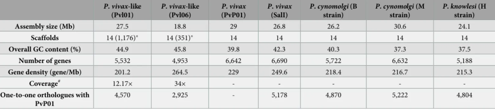 Table 1. Genome features of the P. vivax-like Pvl01 (Illumina HiSeq sequenced) and Pvl06 (PacBio sequenced) strains, P
