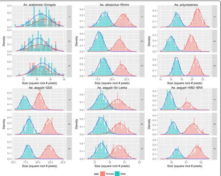 Fig. 3 Frequency distribution of size ( √ pixel) for pupae of different mosquito species and strains reared under small-scale laboratory conditions.