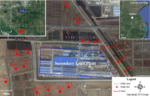 Figure 1. Location of the secondary lead plant and soil sampling sites. 