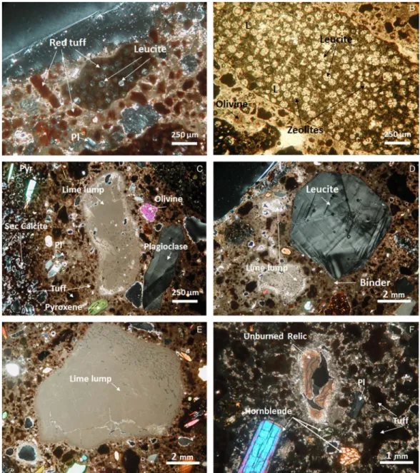 Figure 6 Thin sections of pozzolana mortars under parallel (B) and crossed nicols (A, C, D, E, F) showing main mineralogical components and interesting features like phenocrysts of leucite (D), leucite cartwheel (B), unburned calcination relics (F), and di
