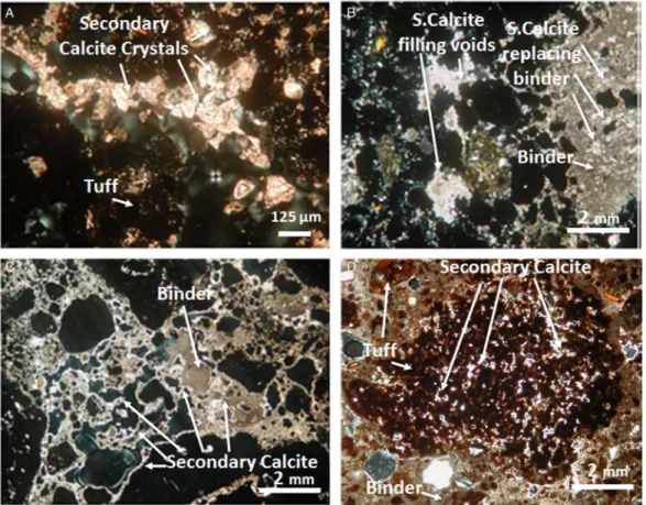 Figure 7 Secondary calcite depositions strongly affecting mortars from Temple of Minerva Medica and Tor del Fiscale: (A) calcite crystals inside tuff voids (TMM4); in (B) and (C) calcite crystals completely ﬁ lling the pores of the sample (B: TMM5) and sub