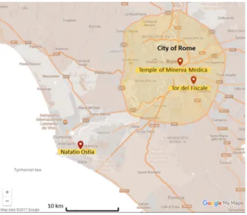 Figure 1 Map of archaeological sites in Rome ’ s city center and nearby Archaeological Park of Ancient Ostia (modi ﬁ ed from © 2017 Google).