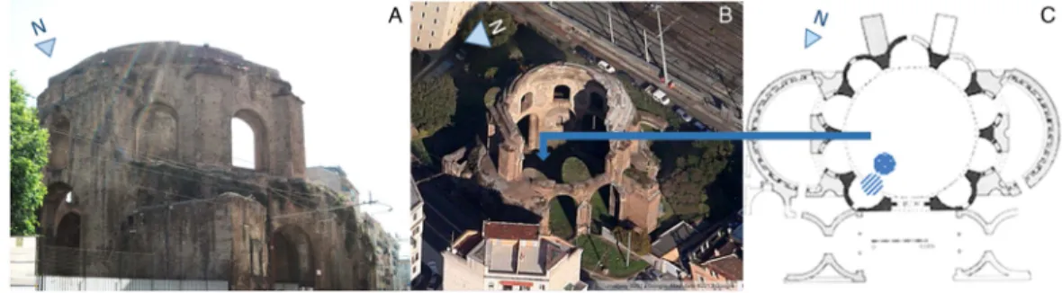 Figure 4 (A) Lateral (© 2017 Sara Nonni) and (B) aerial views (© 2017 Google) of the remains of the Temple of Minerva Medica in Rome ’ s city center; (C) a plan (modi ﬁ ed from Ward-Perkins 1979) showing schematically where the excavation took place on the
