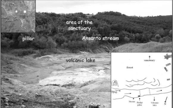 Figure 1  Photo of the Ansanto Valley (by Giovanni Iannone, modified) and plan (lower right) of the archaeological fea- fea-tures (modified from Gambino 1991)
