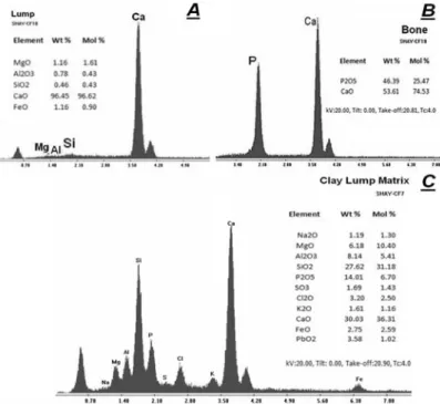 Figure 3  EDS spectra of the core of a lump (A) and of a bone fragment (B) inside sam- sam-ple CF18, and of a clay lump inside samsam-ple CF7 (C).