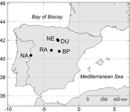 Fig 1. Map of the Iberian Peninsula with the location of the study sites. BP: Barriopedro (Q